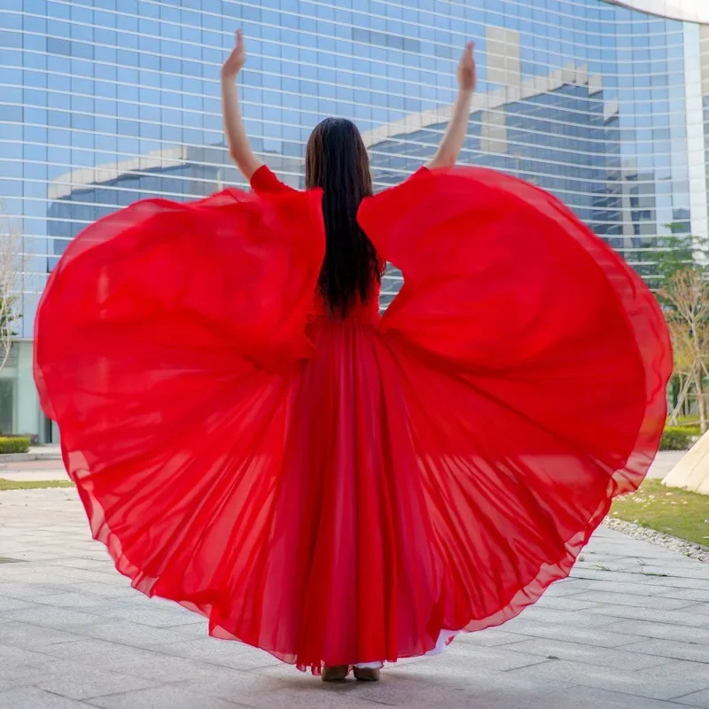 Falda de Baile Oriental de hadas para mujer, traje de actuación de 720 grados, círculo completo, Maxi falda roja, 1000