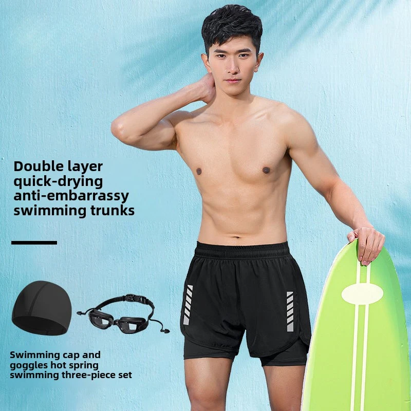 2025 New Anti Embarrassment Swimming  Gear Complete Adult Swimsuit Set Swim Cap Goggles 3 Pcs Set  Swimming Trunks for Men Short