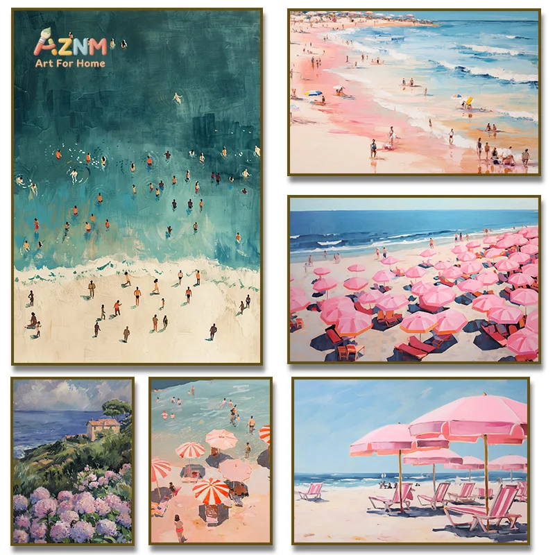 AZNM Summer Beach Canvas Wall Art,Oil Painting Seaside Pink Umbrella Ocean Coastal Scenery Unframed Canvas Poster for Living Roo