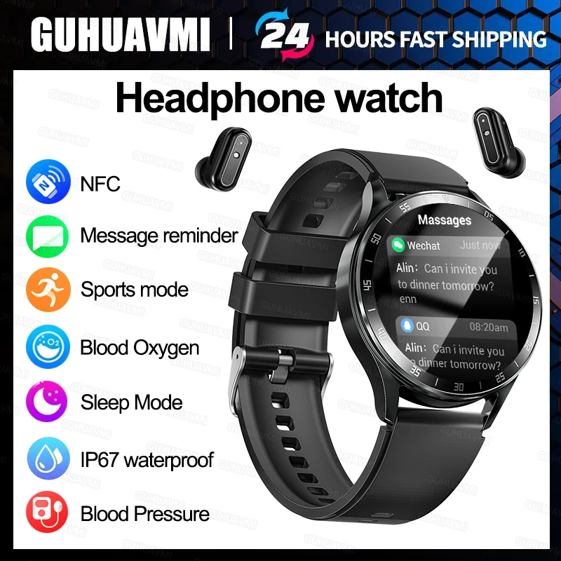 New Bluetooth Earphone Smart Watch Call Information NFC Blood Pressure Clock IP67 Waterproof Sport Fitness Watch For Android iOS