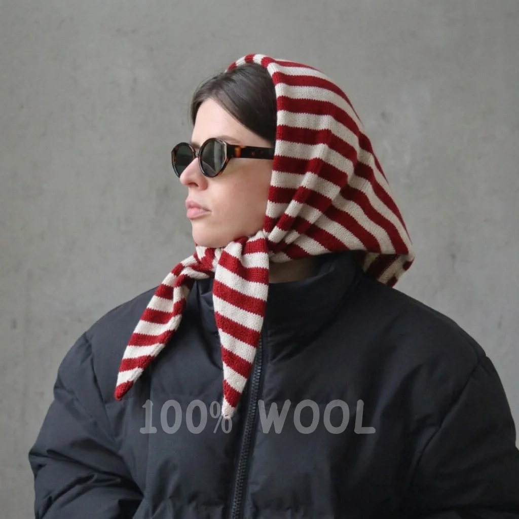 Neck 2026 Knitted Scarf Women 100% Wool Winter Warm Scarves Bright Stripe Design Thickened Shawl Soft Triangle Pashmina