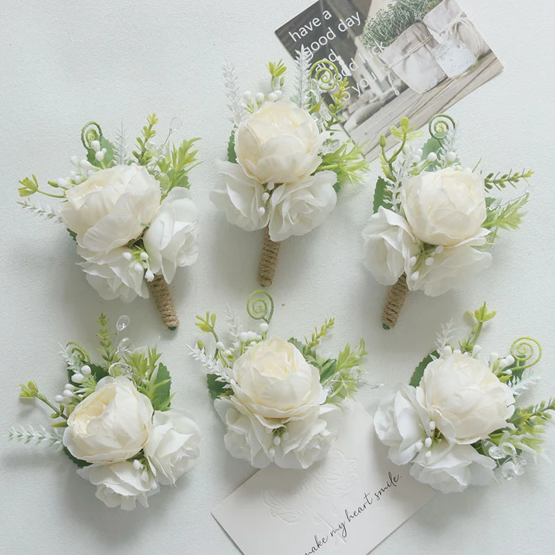 Ramo de flores de boda estilo Mori flor artificial celebración de negocios apertura invitado Boutonniere y ramillete suministros Blanco