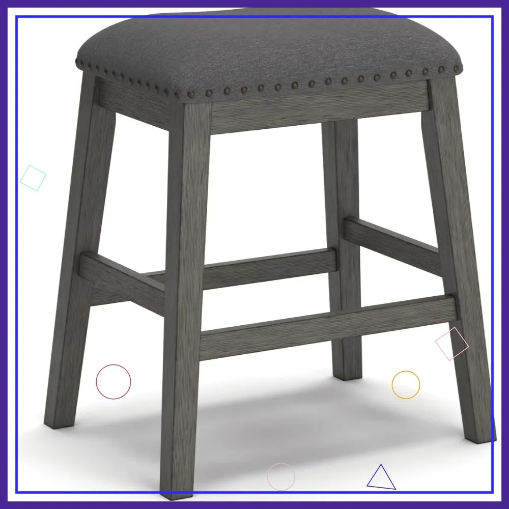 Rustic Gray Counter Height Upholstered Barstool Set of 2, Solid Wood with Nailhead Trim