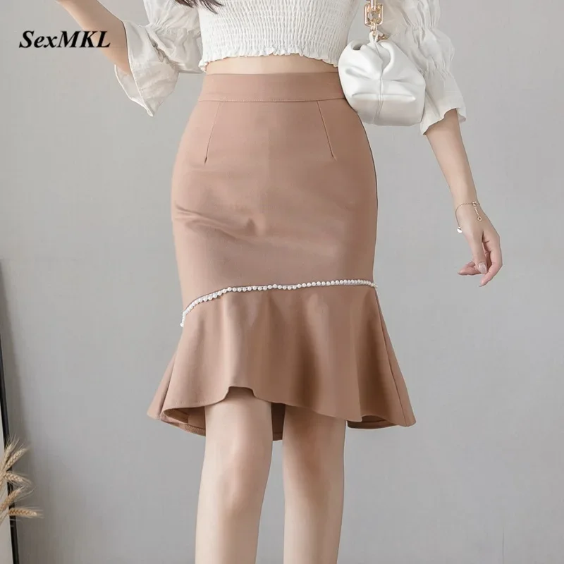 

Women High Waist Skirts Oversized 2024 Fashion Black Ruffles Bodycon Skirt Elegant Korean Clothes Office Sexy Pencil Red Skirt