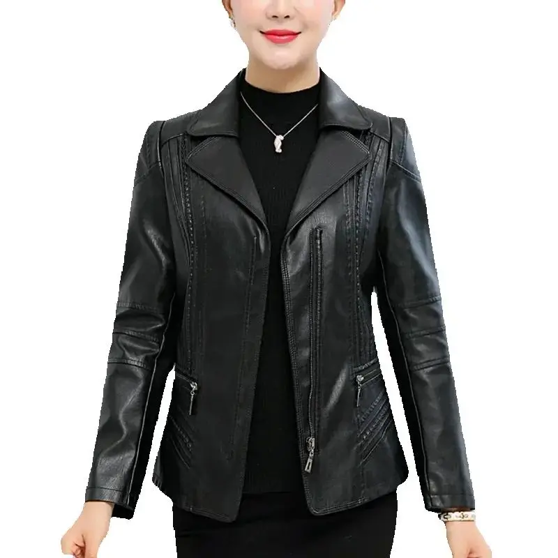 Otoño Invierno mujer chaqueta de cuero de manga larga señora talla grande 6XL abrigo de cuero PU madre de mediana edad prendas de vestir de cuero lavada