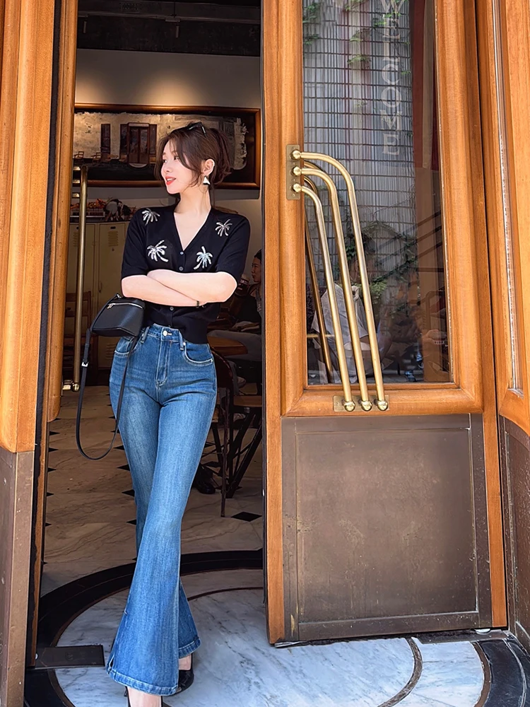 

Джинсы-клеш в стиле ретро Fang Xiaojing, женские, маленький размер, с высокой талией, утягивающие, джинсовые, синие