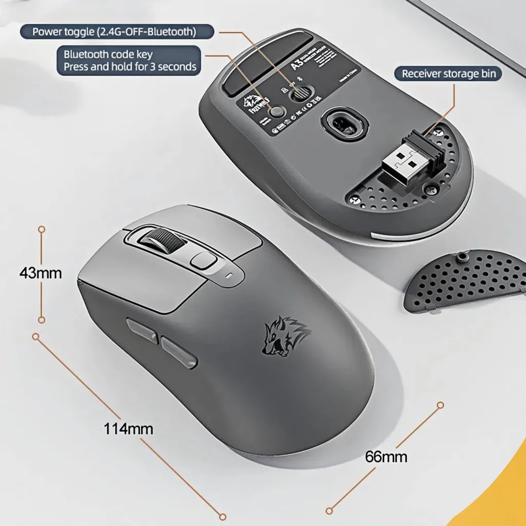 Free Wolf A3 Wireless Mouse - Dual Mode (2.4G/BT), Ergonomic Design, Silent Clicks, 1600DPI, for Office/Gaming on PC/Laptop