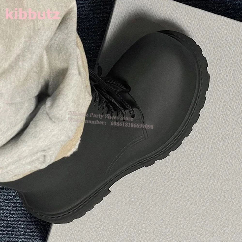 Thick Sole Big Head Knight Boots Lace-Up Genuine Leather Solid Black Platform Fashion Runway Show Concise Novelty Women Men Shoe