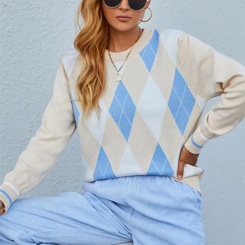 Women\'s Loose Sweater with Argyle Pattern Long Sleeve O-neck Simple Knitwear Female Jumper Casual All-match Knitwear SY2478