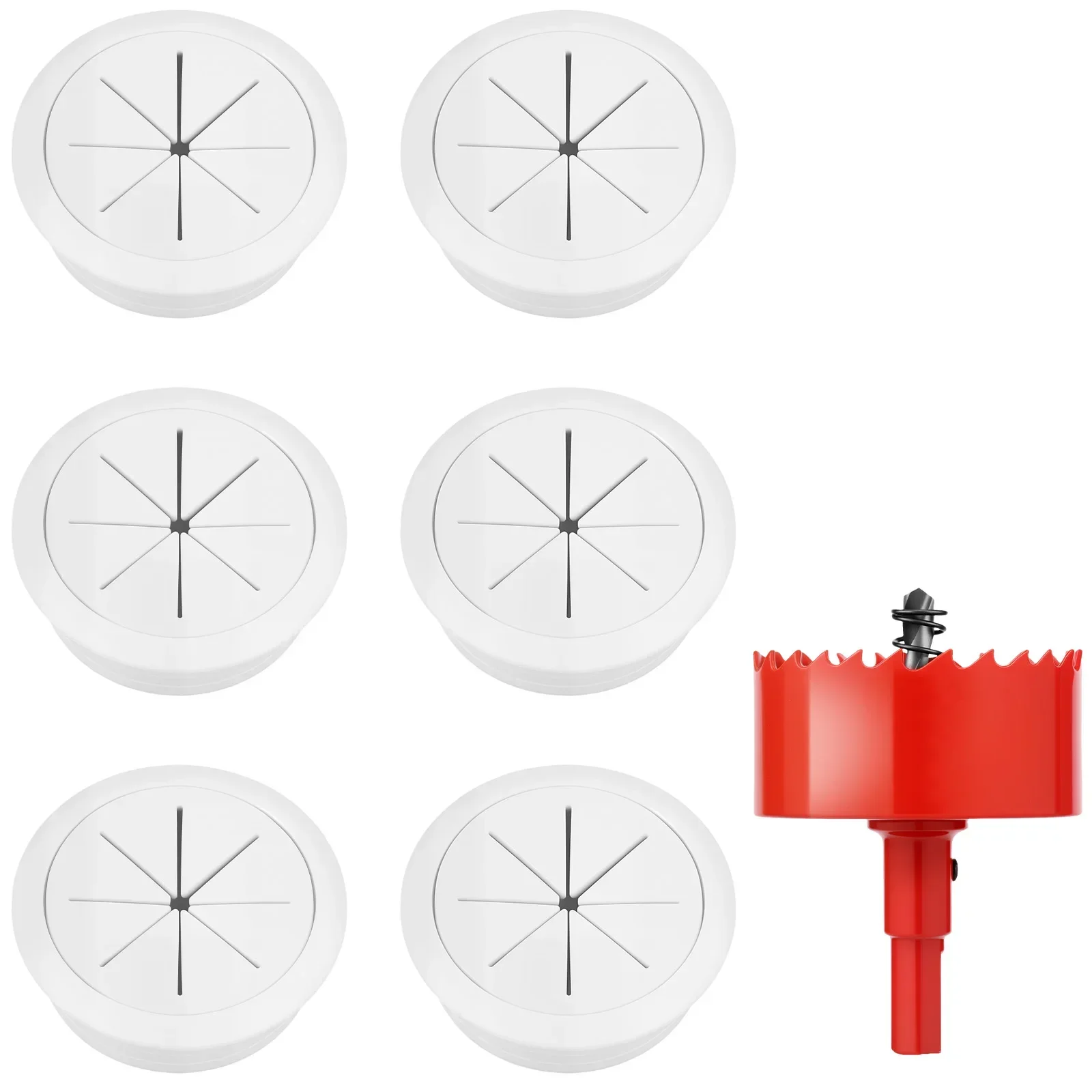 Сверло для кольцевой пилы 60 мм и 6 шт. Круглая крышка для отверстия для настольного кабеля, крышки для отверстий для стола, пластиковый шнур для стола, крышка для провода компьютера, втулки