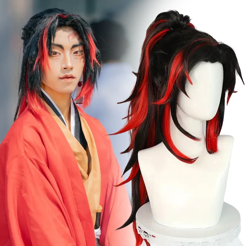 

Anime Tsugikuni Yoriichi Cosplay Wig Black Red Highlights Ponytail Hairstyle Heat Resistant Synthetic Wigs Halloween Prop