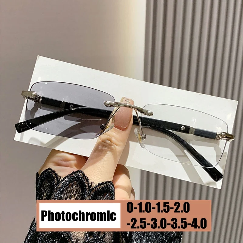 

Unisex Fashion Square Photochromic Glasses Men Women Outoor Anti-UV Myopia Eyewear Retro Rimless Near Sight Eyeglasses 0-1.0-4.0