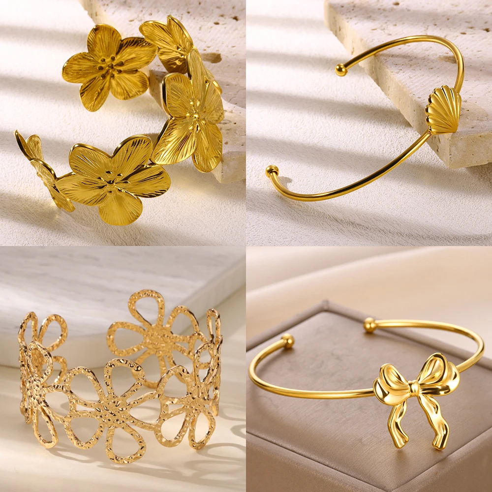 

Stainless Steel Chunky Flower Bangle Bracelets for Women Gold Color Hollow Out Wide Cuff Bracelet Summer Vacation Ocean Jewelry