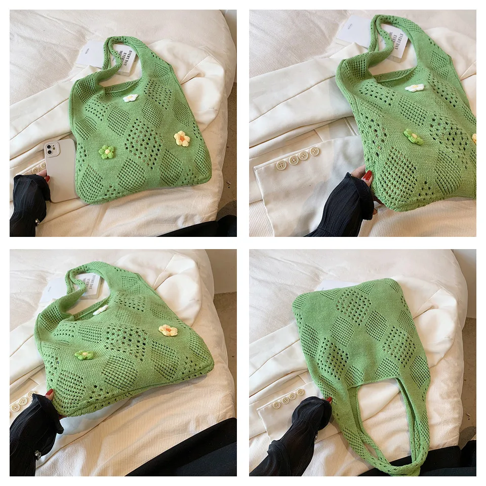 Cute Large Capacity Tote Handbag Trendy Wool Flower Shoulder Bag for Teenage Girls Fashion Student Top-handle Bag