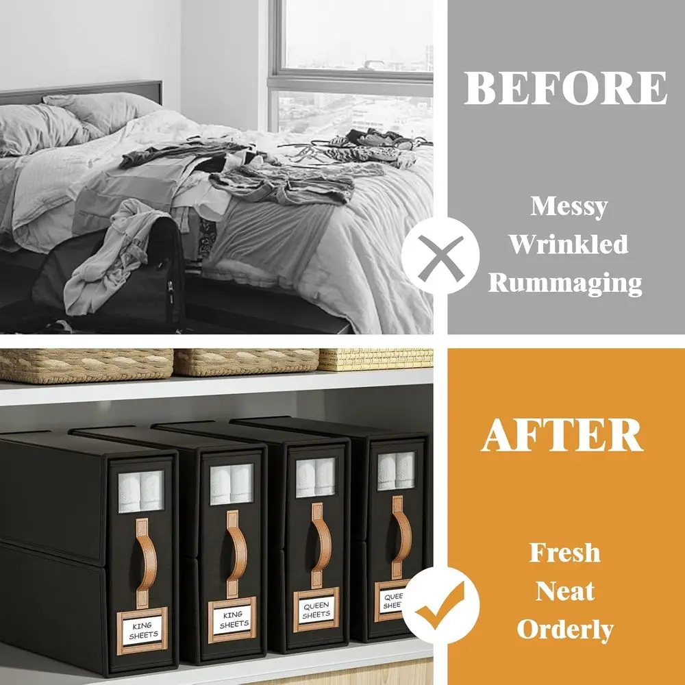 Klappbare Bettlaken-Organizer für King- und Queen-Size-Größe, Aufbewahrung aus Leinenstoff mit Fenster, schwarze Bettwäsche-Würfelbox