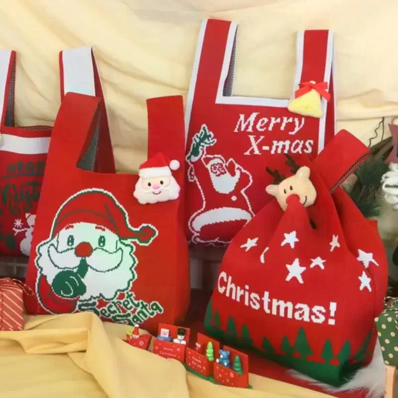 

Christmas Themed Reusable Shopping Bags Knit Handbags with Wrist Strap Santa Claus Snowman Elk Designs Casual Tote for Storage