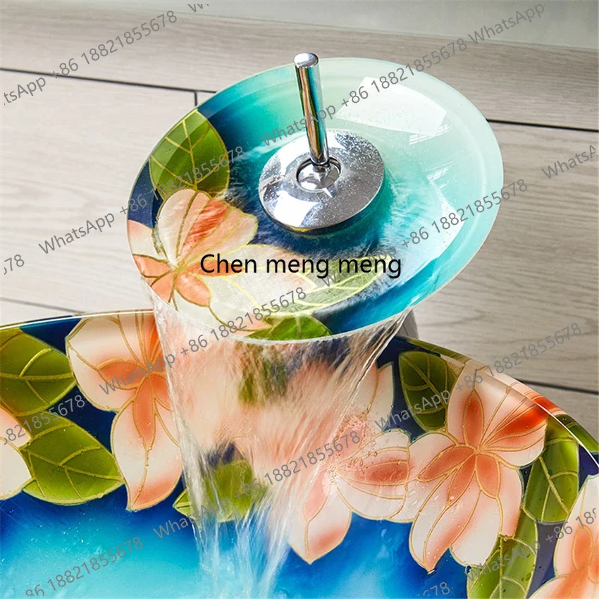 

RR New Chinese style art glass wash basin Hand Painted Bathroom Wash Basin tempered glass balcony wash basin sanitary ware