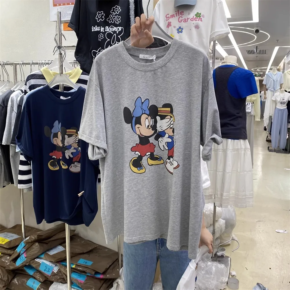 ديزني النسخة الكورية الجديدة من ميكي الرسوم المتحركة الكرتون الطباعة فضفاضة عادية قصيرة الأكمام تي شيرت الرجال والنساء بلايز