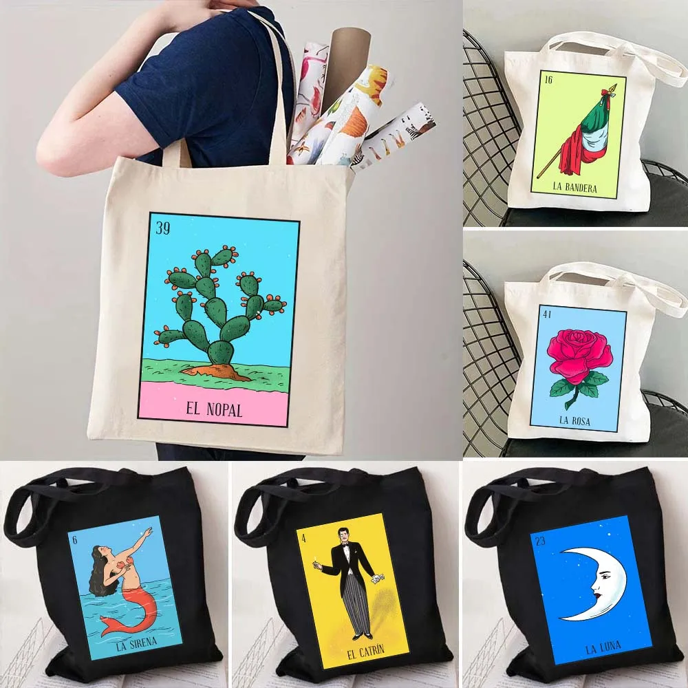 El Catrin Muertos Tarot Nopal ESTRELLA SIRENA Luna ROSA Canvas Tote Bag LA BANDERA Mexican Loteria Bingo Card Art Cotton Handbag