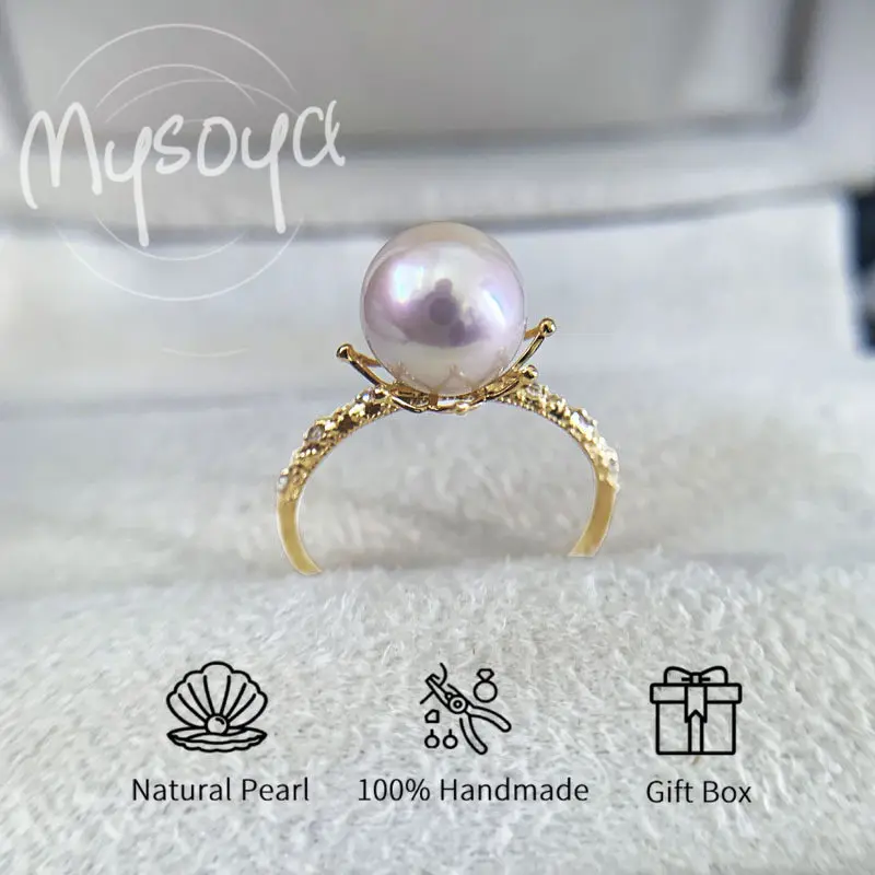 

MYSOYA Япония Akoya Seawater Pearl S925 Серебристое кольцо с короной 8,5-9 мм Подарочная коробка для нее, подходит для дня рождения, свадьбы