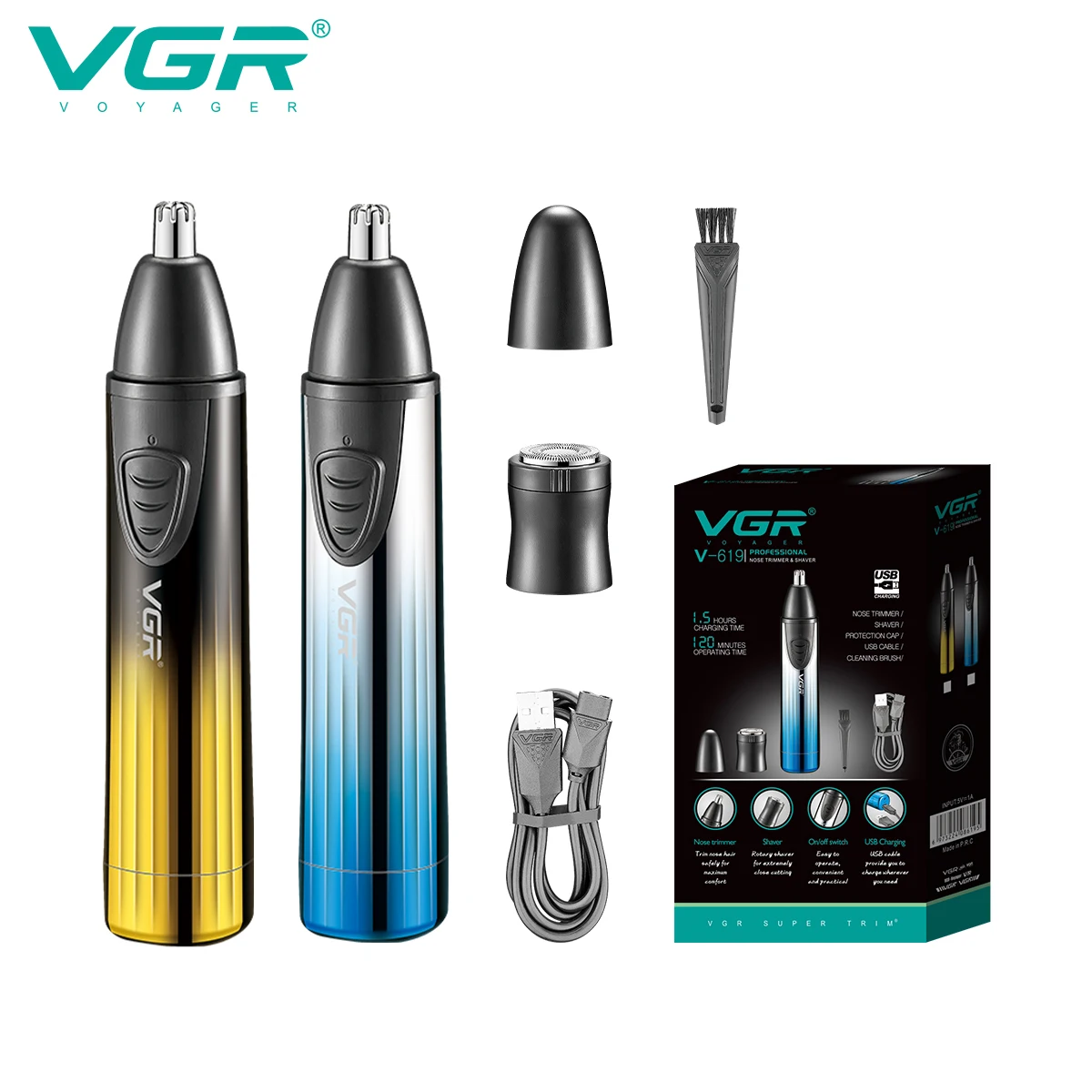 

VGR новый набор для стрижки волос 2-в-1, удобная бритва с острым лезвием, мужская электробритва USB, триммер для волос в носу V-619