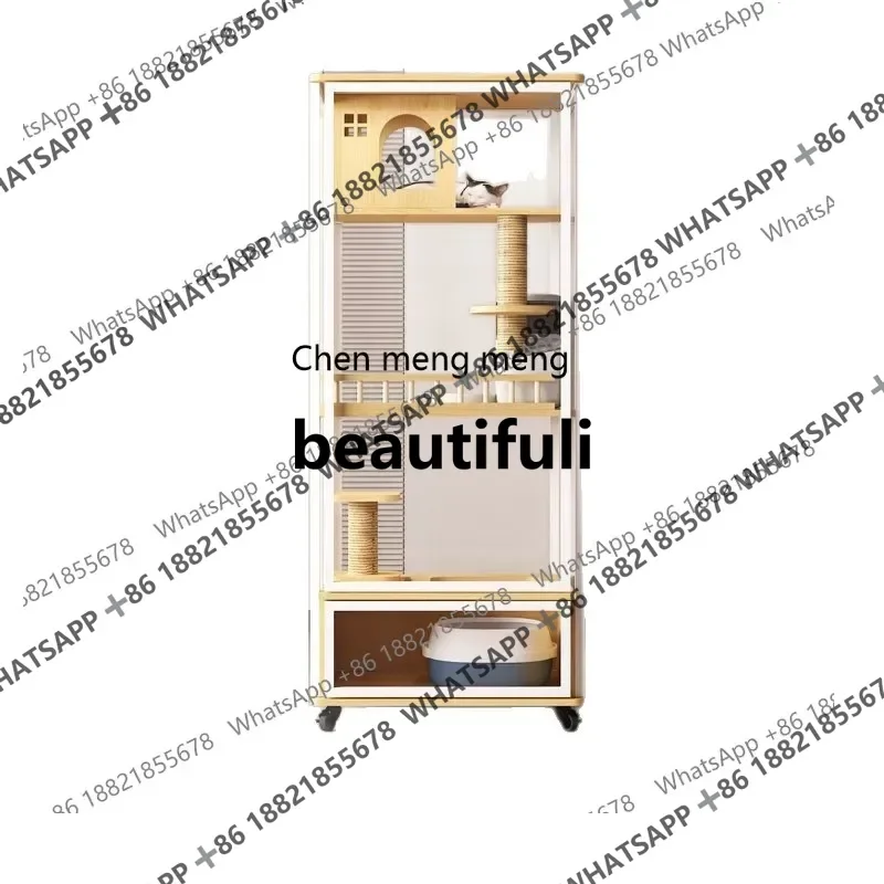 

X Panoramic cat villa home indoor pet cat cage solid wood, climbing frame luxury glass cat house large space