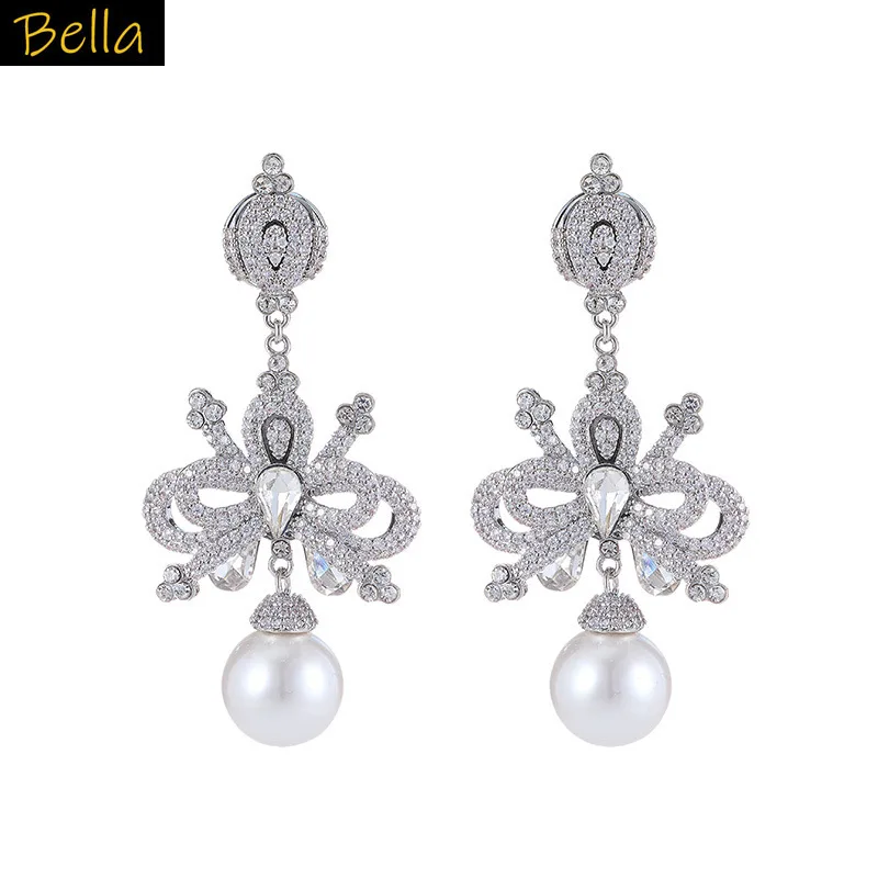 

luxury jewelry bowknot earrings zirconia gold silver color elegant women dangling earrings dinner party wedding