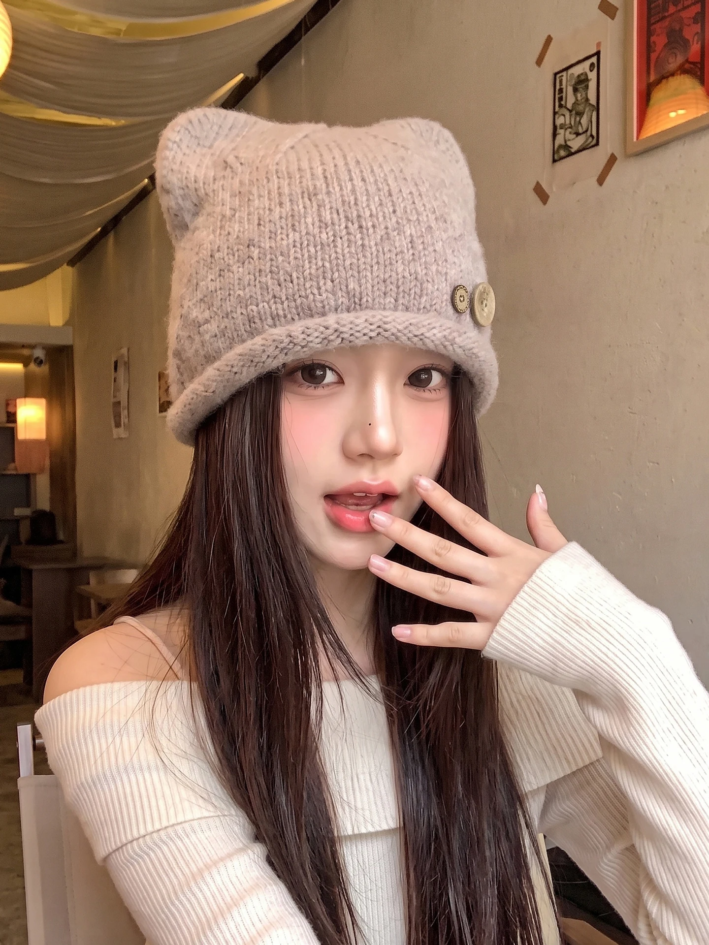 Cute  Ear Knitted Beanie Hat Women's Autumn Winter Warm Ear Protection Small Face Effect Woolen Cap Casual Style No Adjust...