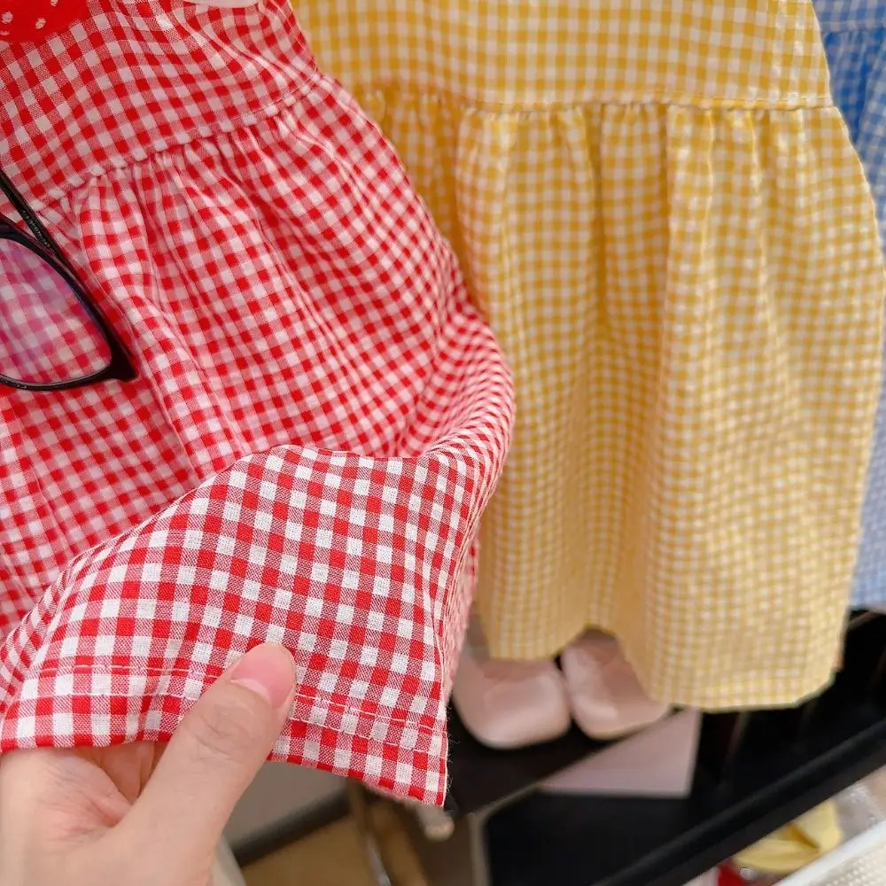 Gingham Pattern Girls Summer Dress Spaghetti Straps Soft and Breathable Gathered Skirt Fruit Applique Strap Dress