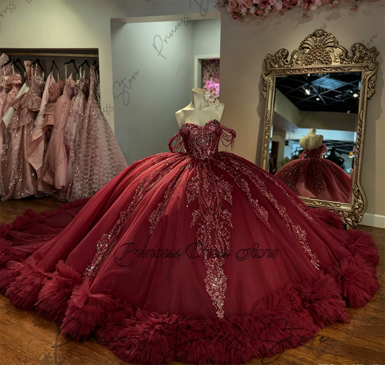 

Shiny Elegant Quinceanera Dress Crystal Glitter Decal layering Flower Long tail Bow Vestidos De 15 Quinceanera ﻿Customized