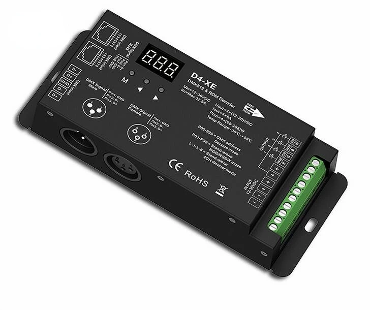 DMX512 RDM LED Decoder Controller D4-XE 4CH PWM Constant Voltage CV With Digital Display XLR3 RJ45 DC12V 24V 36V Input 8A*4CH