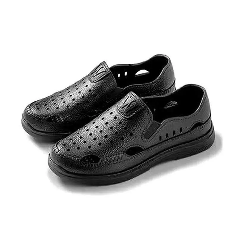 Leather Men's Sandals Breathable Hollow out Casual Shoes for Middle-Aged And Elderly Fathers And Grandfathers Slip-On Soft Bo...