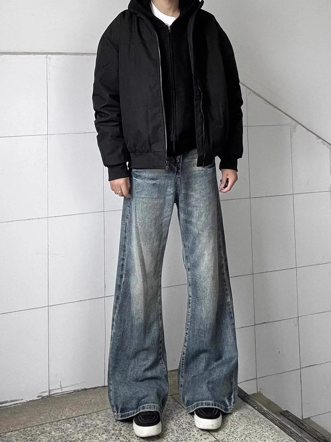 

Мужские джинсы Cleanfit с синим узором в виде молнии, расклешенные, на флисовой подкладке, прямого кроя, в американском уличном стиле, осень-зима