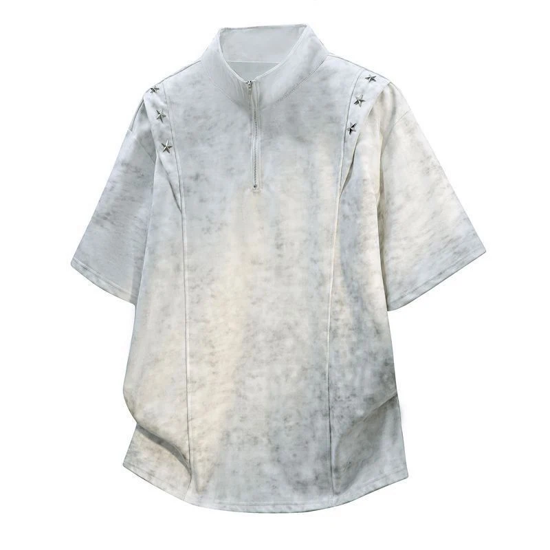 Men American Vintage Tie Dye Half Zip Stand Collar T Shirt Star Rivet Decor Short Sleeve Top Streetwear Dirty Wash Oversized Tee