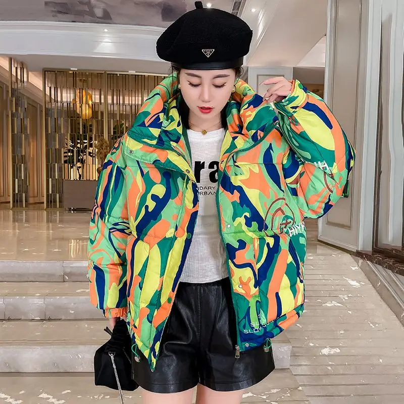 Warm Winter Cotton Jacket Women 2024 Graffiti Print Fashion Hooded Short Parka Coat Girls Thick Streetwear Hip-hop Padded Jacket