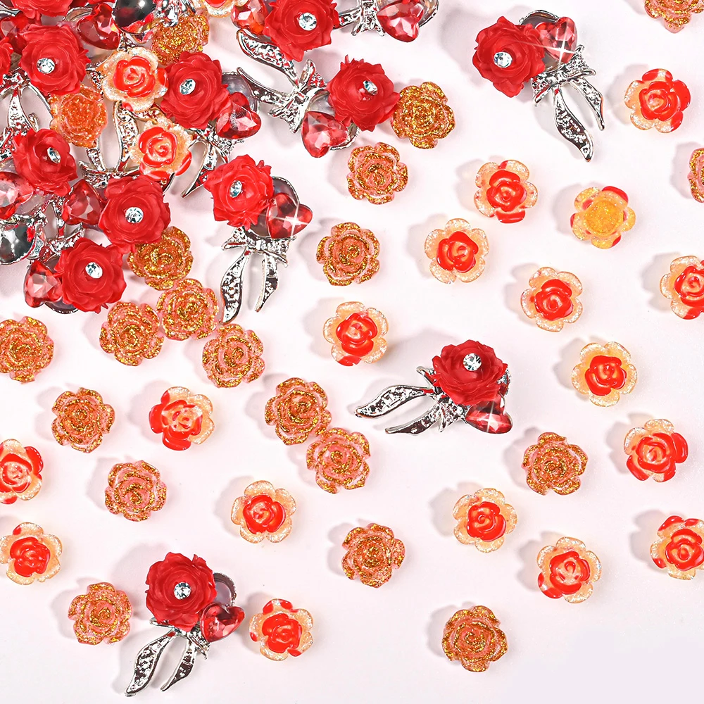 12 grades vintage glitter rosa flor encantos da arte do prego 3d luxo rosa coração bowknot liga acessórios do prego dia dos namorados prego dez