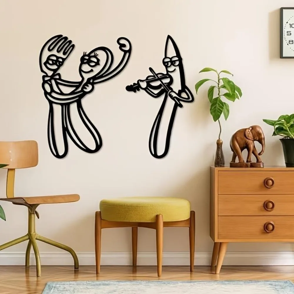 

2Pcs Flat Metal Fork & Knife Wall Art, Playful Music Dance Cutlery Decor, Minimalist Kitchen Art for Party Scene Gift