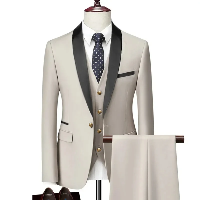 Homens lapela colarinho 3 peça terno conjunto, vestido de casamento blazer, jaqueta, calças, colete, colete, calças, groomsmen negócio