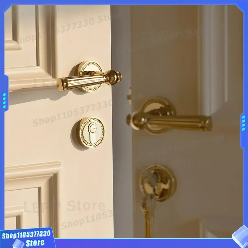 Pure Copper French Door Lock Medieval Style Magnetic Mute Handle for Bedroom Wooden Room Door Factory Direct Supply High