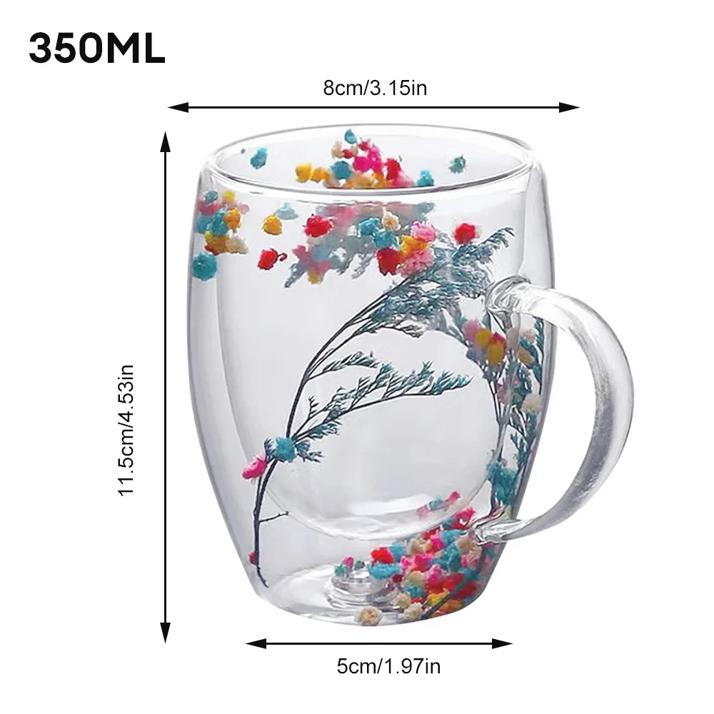 350ml Double Layer Glass Cup with Dry Flower Decoration and Exquisite Drinking Coffee Insulated Drinkware Kitchen Supply