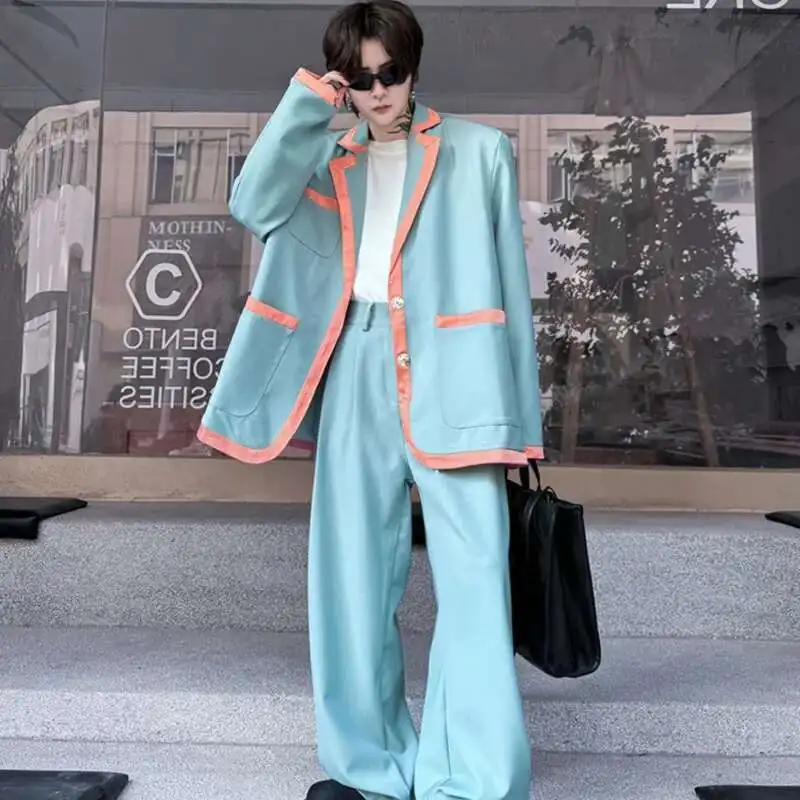 LUZHEN Patchwork Color Contrast Design Korean Trendy Suit Jackets Two-piece Sets Elegant Trendy Handsome Straight Pants LZ3563