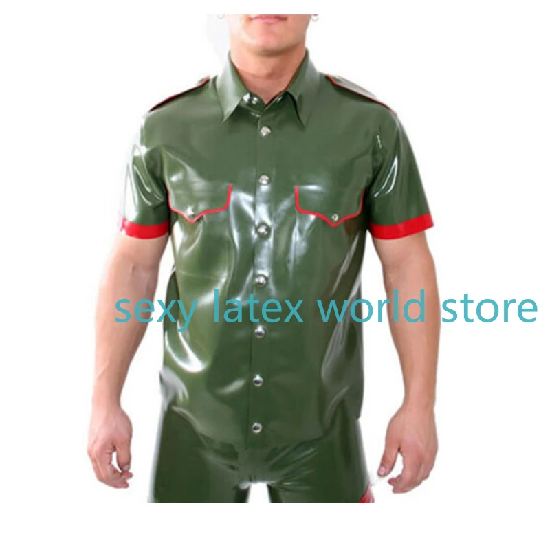 

100% Handmade Latex Men's Top T-Shirt Male Gummi Rubber Army Green with Red Trims Basic Fashion Custom