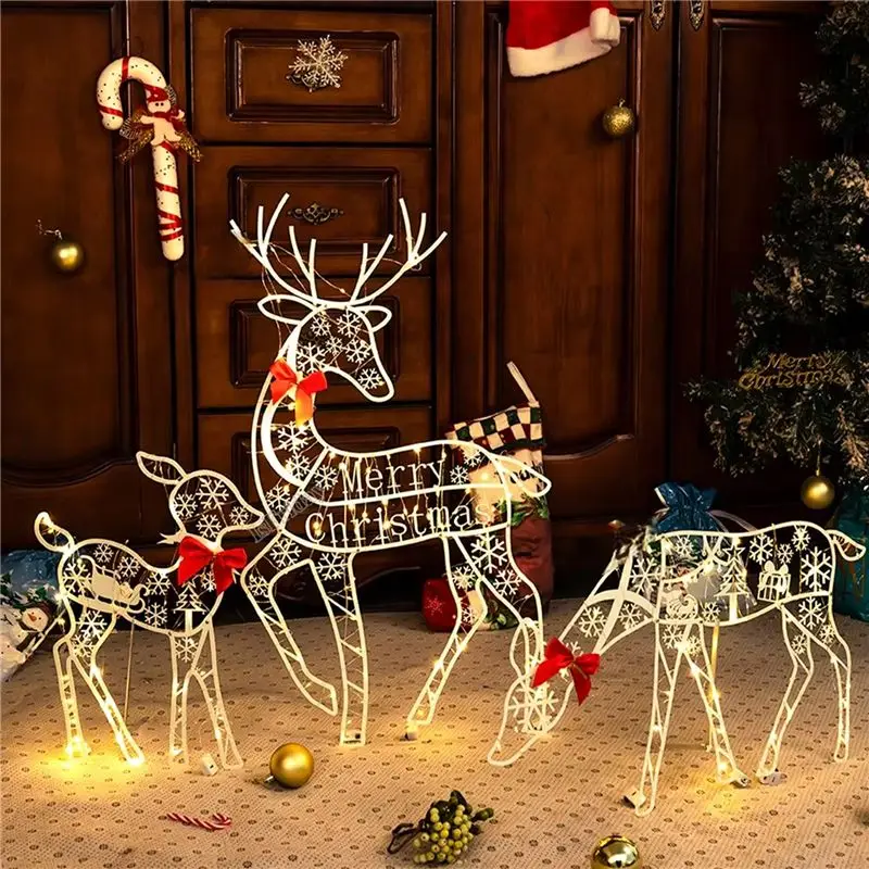 

MLGB-3PCS Handmade Iron Artelk Deer Christmas Garden Decor &LED Light Glowing Glitter Reindeer Xmas Home Outdoor Yard Decor