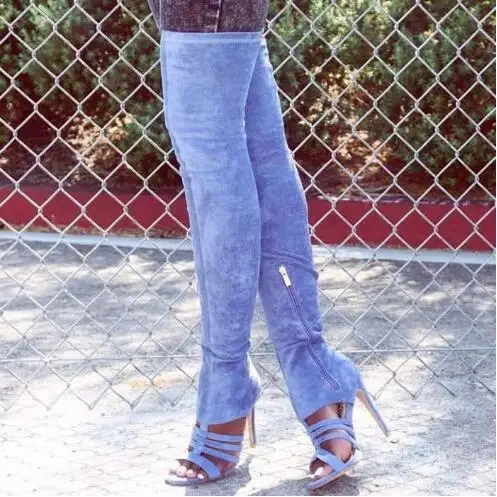 

Hot Women Blue Denim Hollow Hidden Zipper Open Toe Stiletto Heel Over The Knee Boots Female Sexy Thigh Long Boots Shoes Size 44