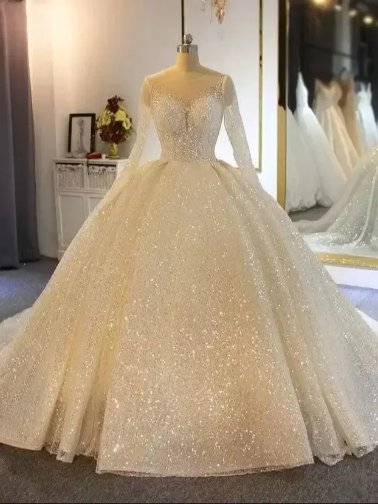 Customized Luxury Shiny Ball Dress Sweetheart Long Sleeve Princess A-line Wedding Dress Bright Lace Sparkling Bride Dress