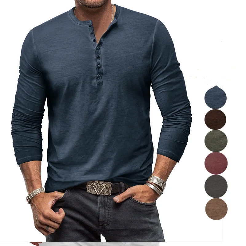 Men T-shirt Tie Dyed Henley Shirt Shirt Vintage Solid Color Long Sleeve Button Washed Worn V-neck T-shirt Men Shirt