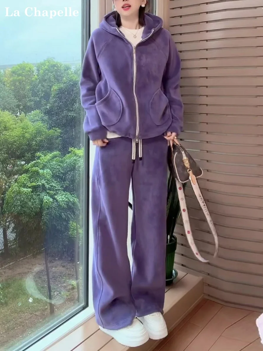 

Комплект повседневной спортивной одежды La Chapelle: женский мягкий фиолетовый худи и брюки, осенне-зимний новый стиль, молодежный и модный