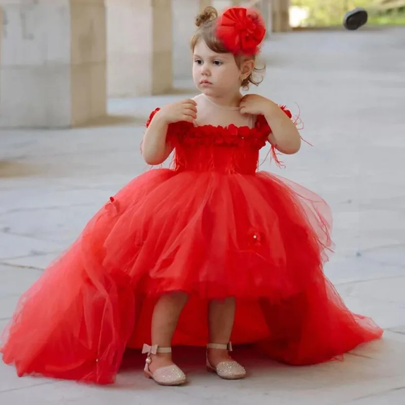 

Real Pictures Fluffy Red Birthday Dress for Girls Floral Tulle Gown Wedding Event Pageant Dresses Girls Dresses