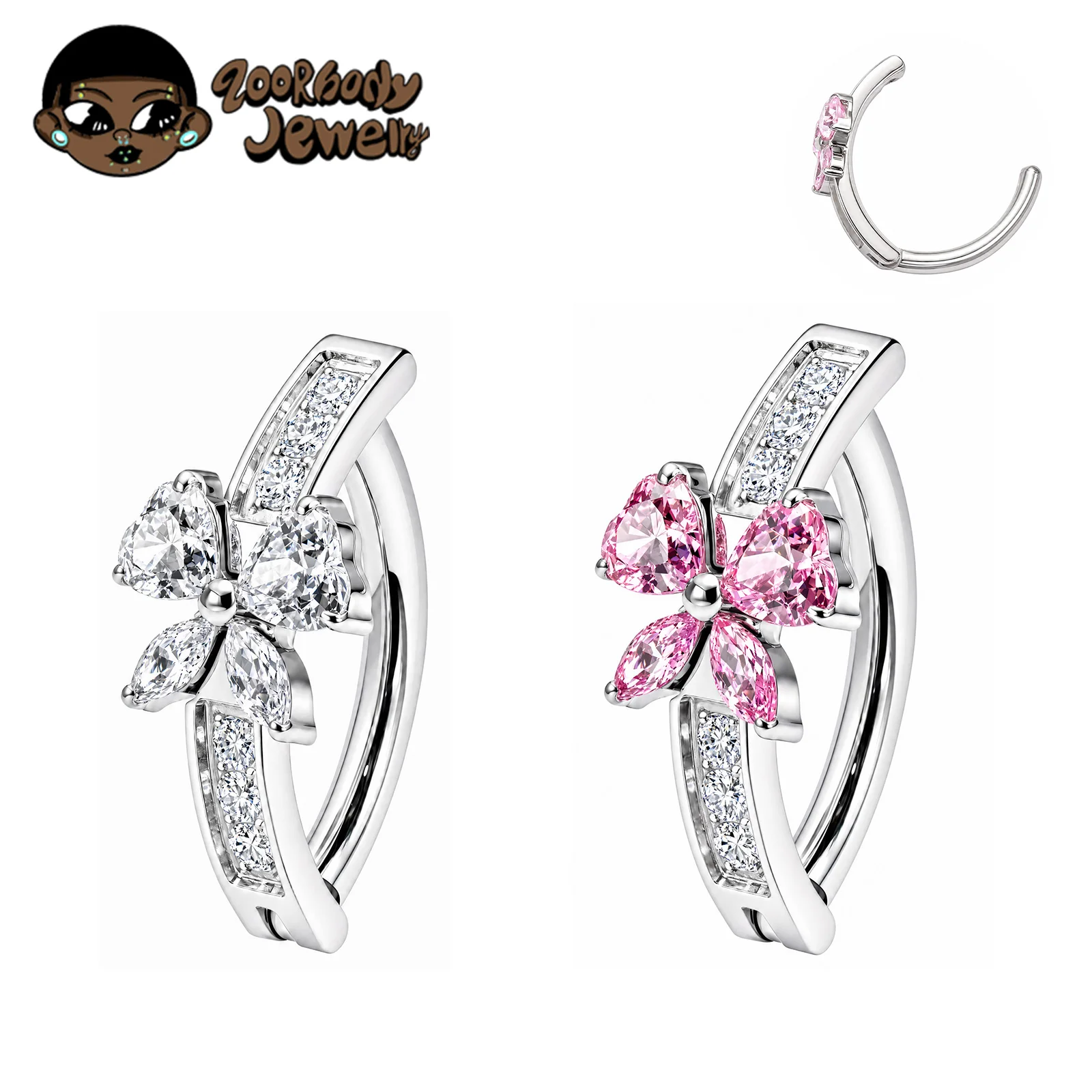 

ZOOR ASTM F136 TItanium With CZ Butterfly Belly Button Piercing 14G Hinged Clicker Curve Essence Sparkle Bar Navel Barbell rings