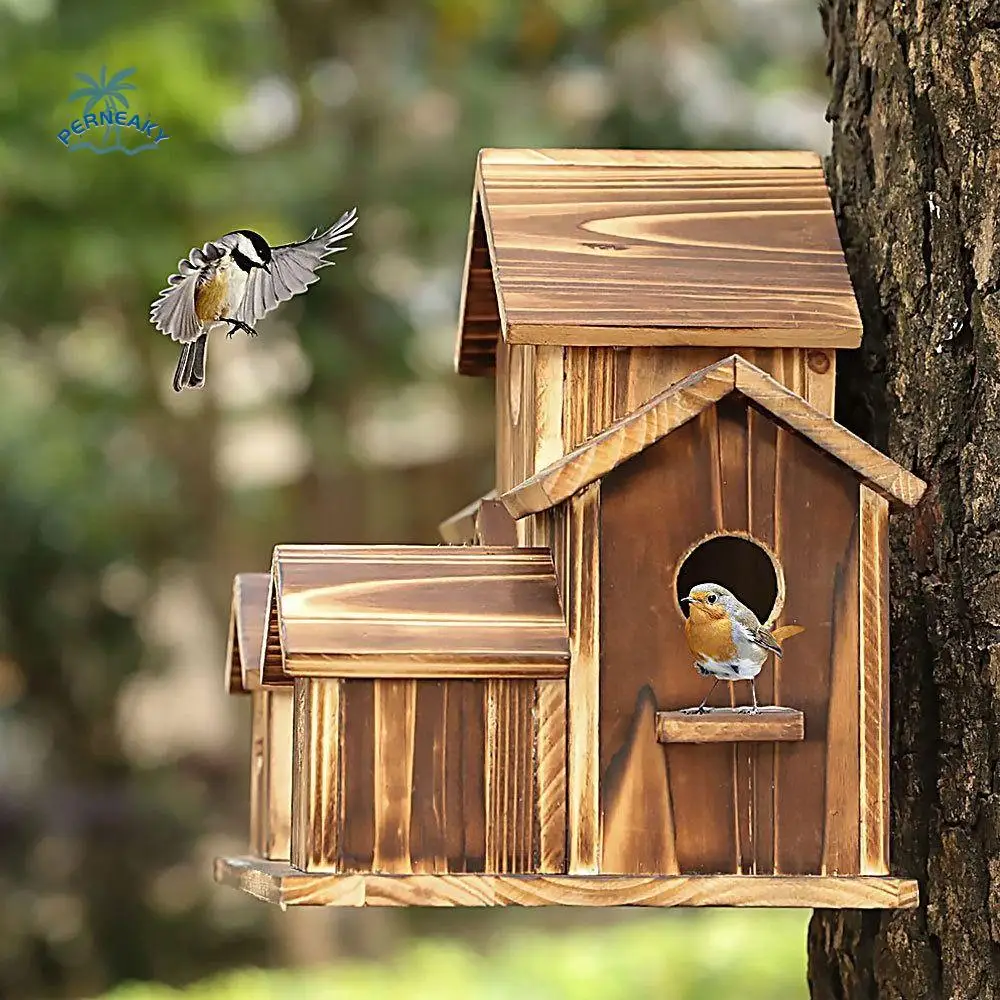 

Bird's Nest Handmade Hanging Tree Birdhouses Natural 6-Hole Wooden Bird House Wood Bird Cages Patio